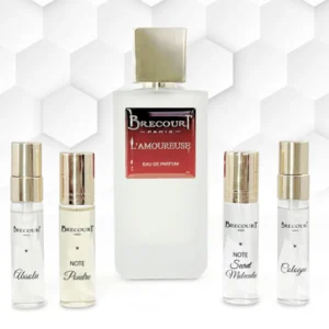 brecourt-paris-lamoureuse-perfume-bottle-on-rose-petals-with-peach-and-violet-florals-romantic-fruity-floral-scent-in-nigeria